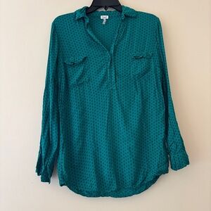 Splendid Green Geometric Print Button Front Blouse Long Sleeve Women’s XS
